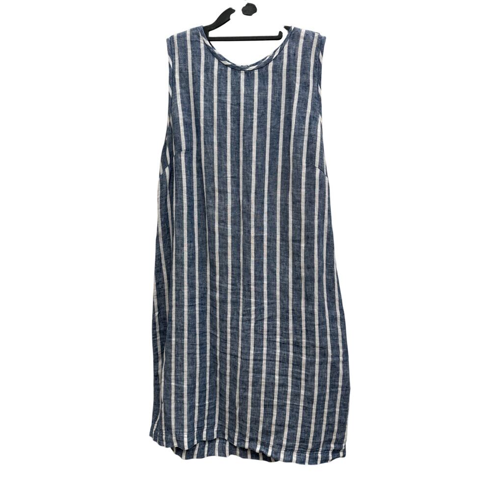 St. Tropez West 100% Linen Blue White Striped Shift Dress Size 8 Coastal Summer - Picture 2 of 6